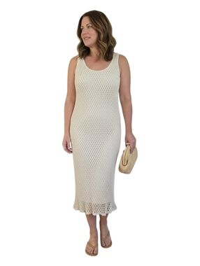 Zara Open-weave Knit Cotton Doily Dress Fully Lined Ecru Midi size Large